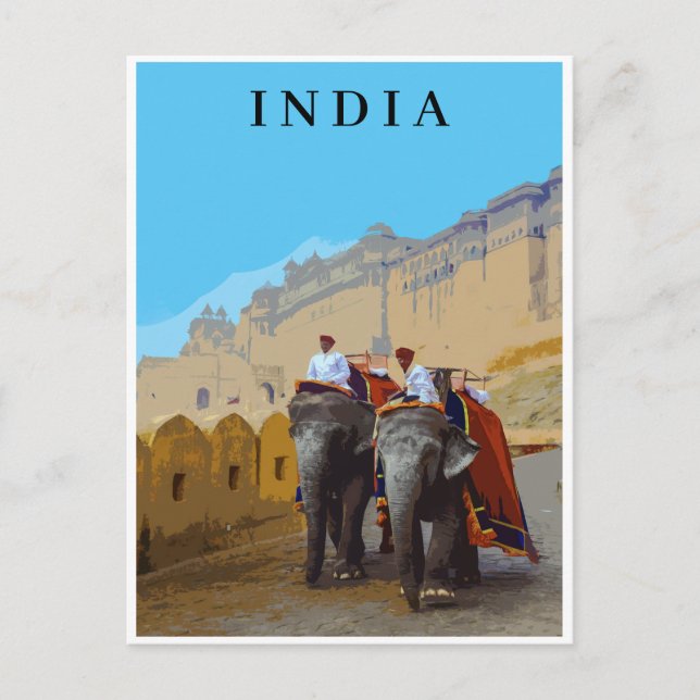 India Retro Style Elephants Travel Postcard (Front)
