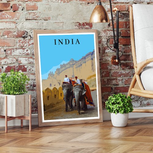 India Retro Style Elephants Travel Poster