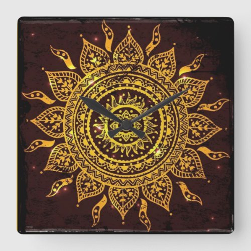 India Solar Motif Sun God Square Wall Clock