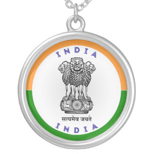 India State Emblem Patriotic Round Shape Silver Plated Necklace
