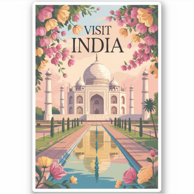 India Taj Mahal Illustration Travel Art Vintage Sticker (Front)