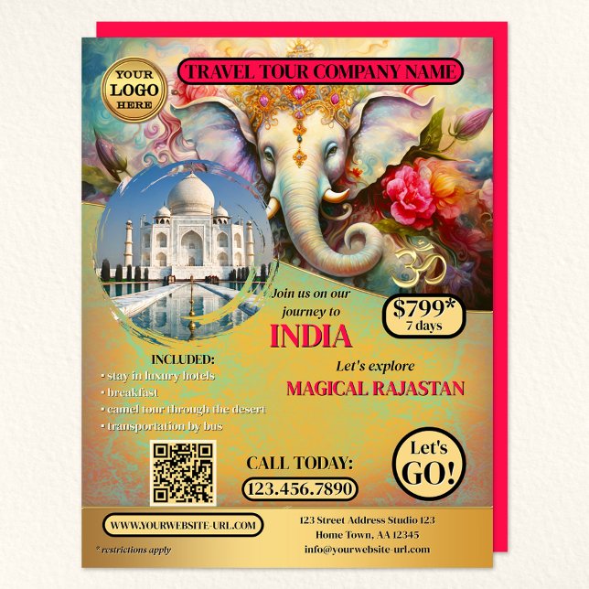 India Travel Ganesh Colorful Template Flyer (A colorful India travel agency flyer featuring Ganesh with your logo, custom photo and QR code)