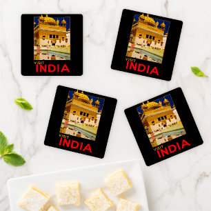 India travel poster indian vintage art coaster set