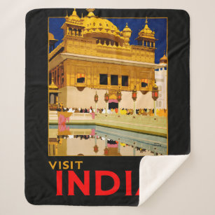 India travel poster indian vintage art sherpa blanket
