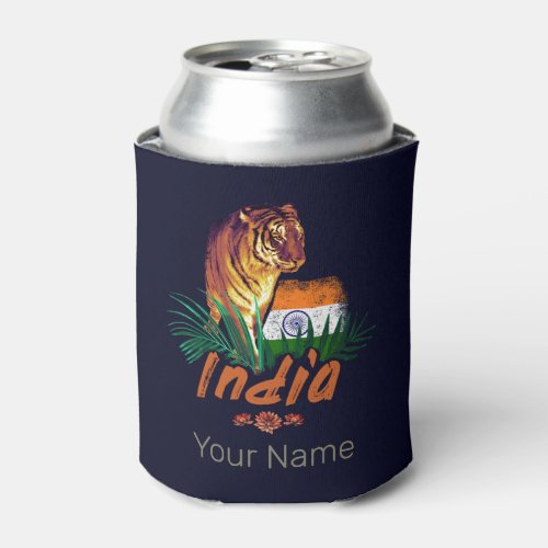 India Vintage Tiger With Flag Retro Lotus Souvenir Can Cooler