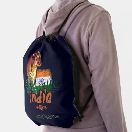 India Vintage Tiger With Flag Retro Lotus Souvenir Drawstring Bag