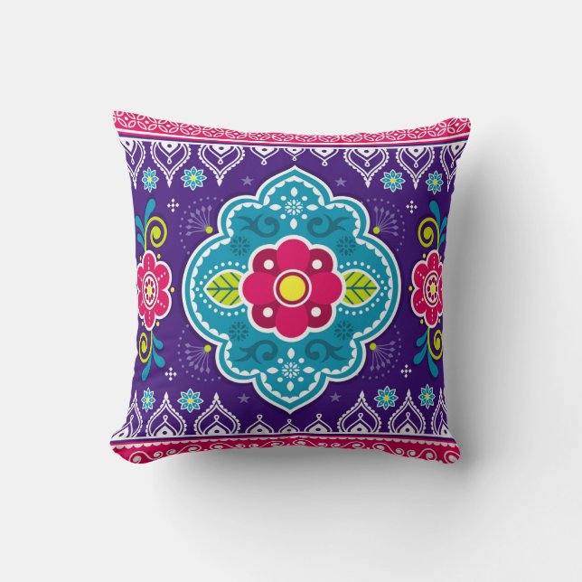 Indian and Pakistani truck art seamless pattern de Throw Pillow (Front)