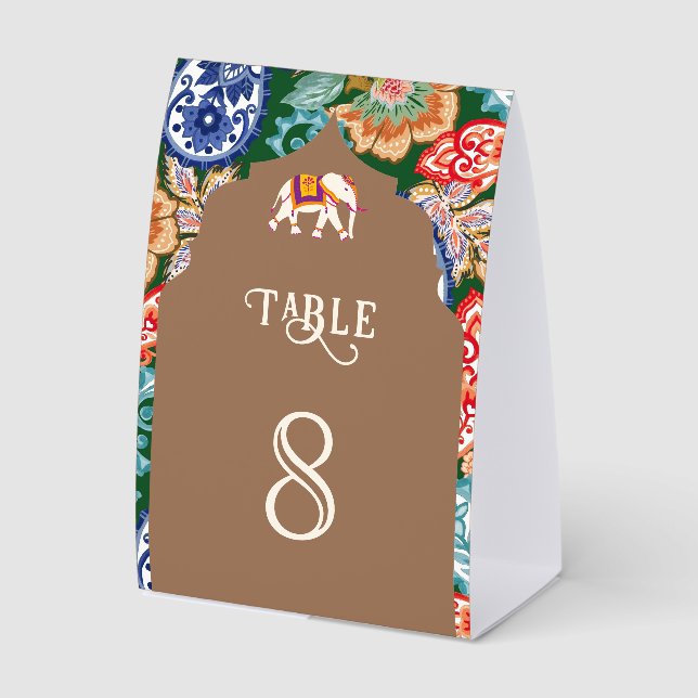 Indian Art Elephant Beige Wedding Table Number Paper Table Tent (Front)