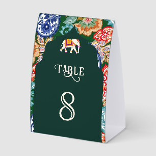 Indian Art Elephant Emerald Wedding Table Number Paper Table Tent