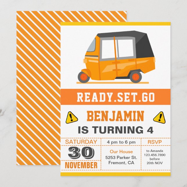 Indian Auto Rickshaw Tuk Tuk Birthday Party Invitation (Front/Back)