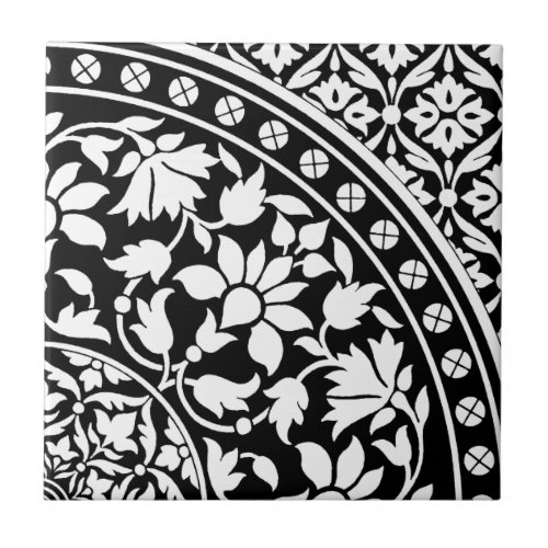 Indian Black and White Floral Geometric Pattern Ceramic Tile