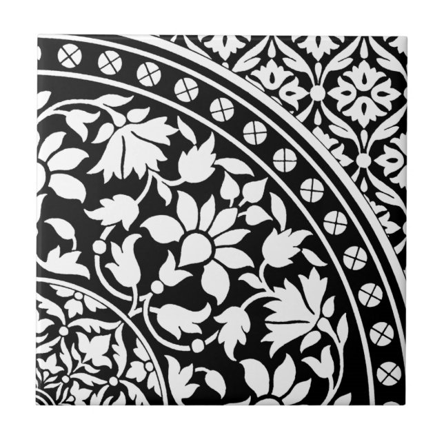 Indian Black and White Floral Geometric Pattern Ceramic Tile (Front)