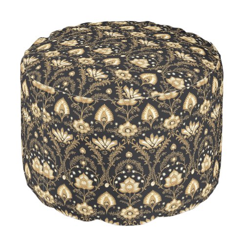 Indian black gold floral pattern pouf