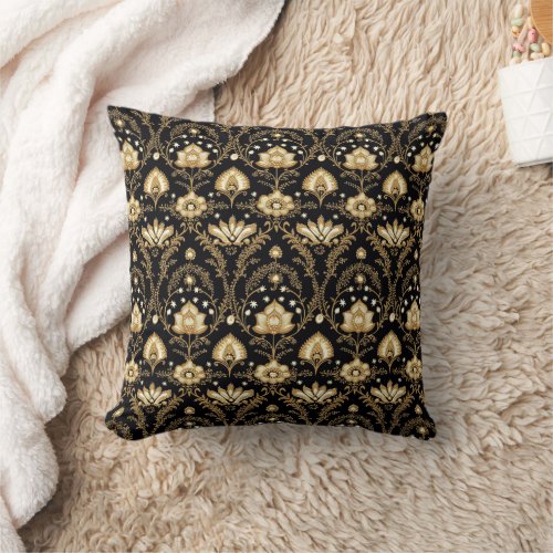 Indian black gold floral pattern throw pillow