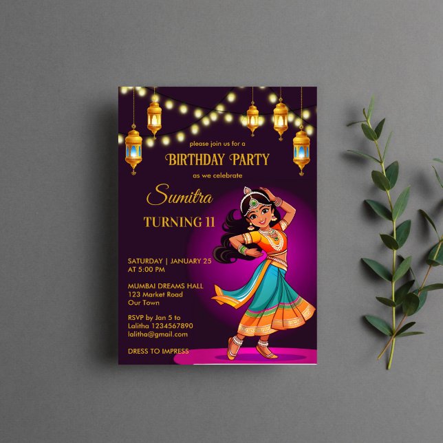 Indian Bollywood girls birthday party template (Indian Bollywood girls birthday party template invitation digital download purple and gold cute girl)