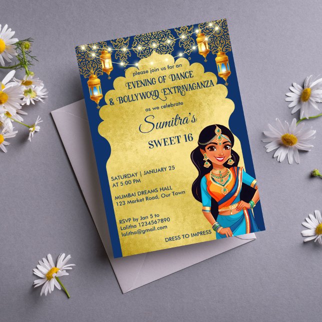 Indian Bollywood girls birthday party template (Indian style Bollywood girls birthday party template invitation digital download blue and gold)