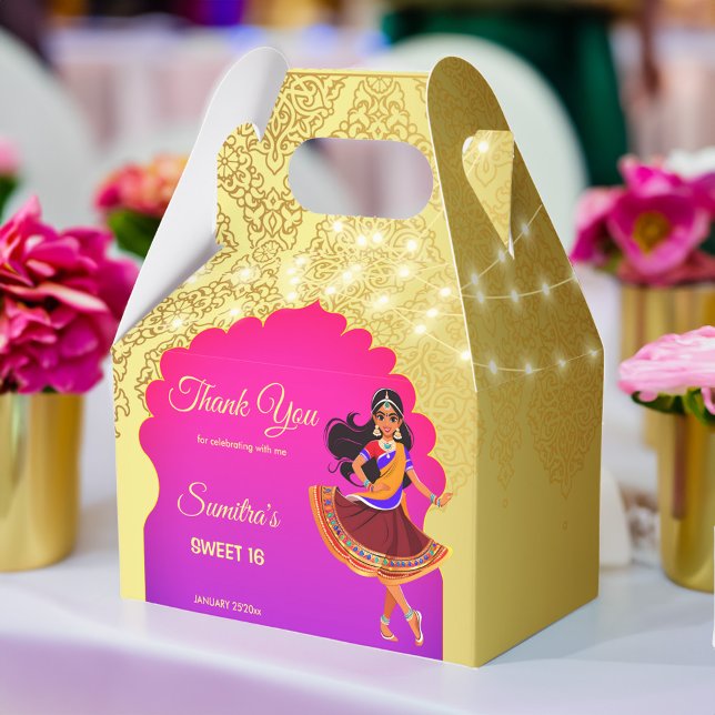Indian Bollywood girls birthday party template Favor Boxes (Indian Bollywood girls birthday party template Favor Box gold and pink cute cartoon caricature)