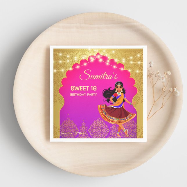 Indian Bollywood girls birthday party template Napkins (Indian Bollywood girls birthday party template printed Napkins cute cartoon pink and gold party )