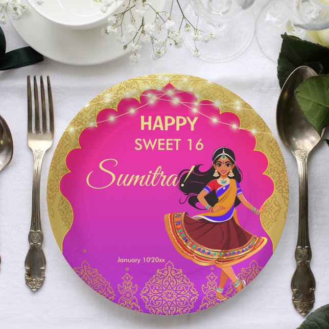 Indian Bollywood girls birthday party template Paper Plates (Indian Bollywood girls birthday party template printed Paper Plates pink and gold cute cartoon)