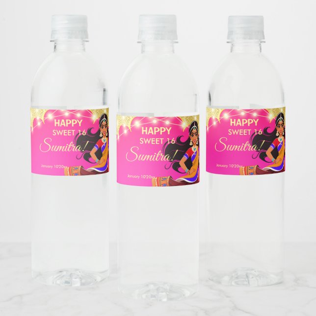 Indian Bollywood girls birthday party template Water Bottle Label (Bottles)