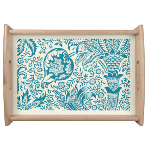 Indian Botanical Pattern in Teal and Tan Serving Tray