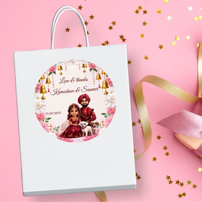 Indian bridal couple with dogs caricature favor classic round sticker (Indian bridal couple with dogs caricature Indian wedding favors personalized favor sticker template)