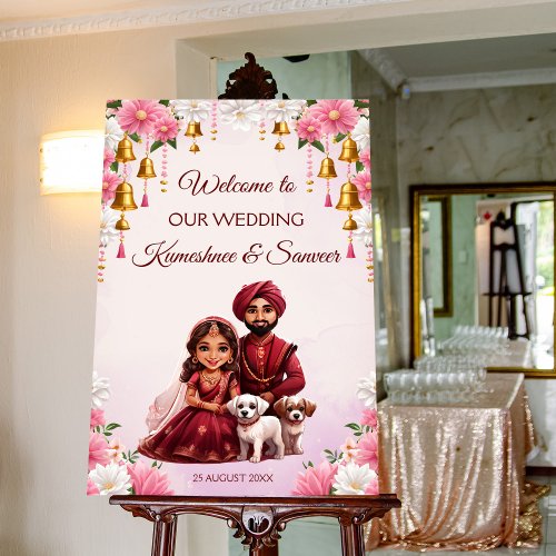 Indian bridal couple with dogs caricature welcome  foam board