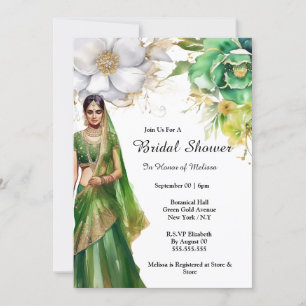 Indian bride green gold flowers botanical bridal invitation