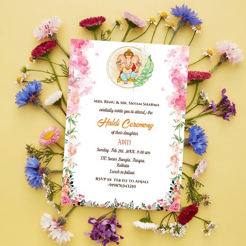 Indian Bride Haldi Ceremony Hindu Couple Ganesha Invitation