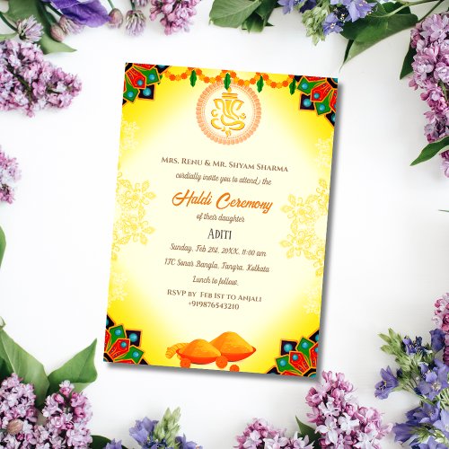 Indian Bride Haldi Ceremony Hindu Couple Ganesha Invitation