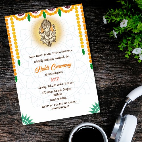 Indian Bride Haldi Ceremony Hindu Couple Ganesha Invitation