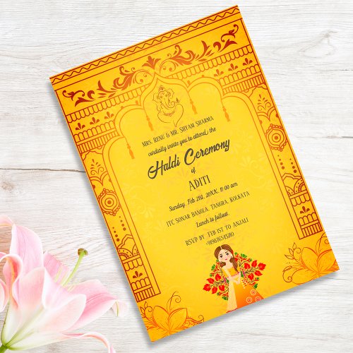 Indian Bride Haldi Ceremony Hindu Couple Royal Invitation