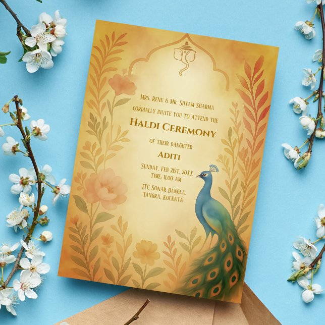Indian Bride Haldi Ceremony Peacock Floral Invitation (Creator Uploaded)