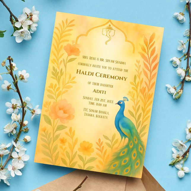 Indian Bride Haldi Ceremony Peacock Floral Invitation (Creator Uploaded)