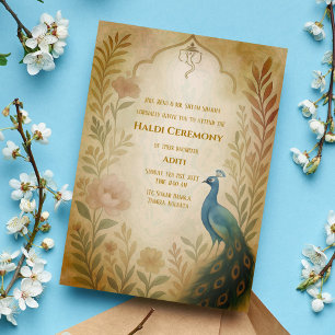 Indian Bride Haldi Ceremony Peacock Floral Invitation