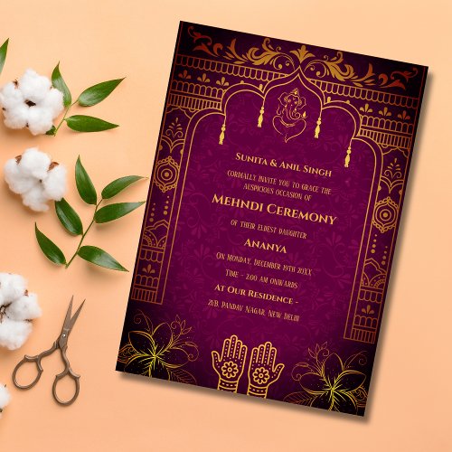 Indian Bride Mehndi Ceremony Golden Elements Invitation