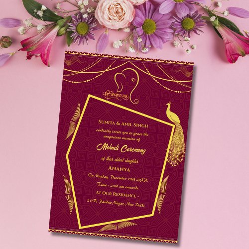 Indian Bride Mehndi Ceremony Peacock Design Invitation