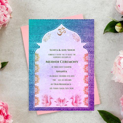 Indian Bride Mehndi Ceremony Peacock Design Invitation