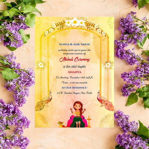 Indian Bride Mehndi Ceremony Peacock Design Invitation