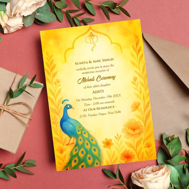 Indian Bride Mehndi Ceremony Peacock Floral Invitation (Creator Uploaded)