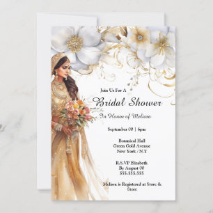Indian bride white gold flowers botanical bridal invitation