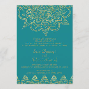 Indian Bright Blue Green Gold Mehndi Hindu Wedding Invitation