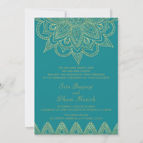 Indian Bright Blue Green Gold Mehndi Hindu Wedding Invitation