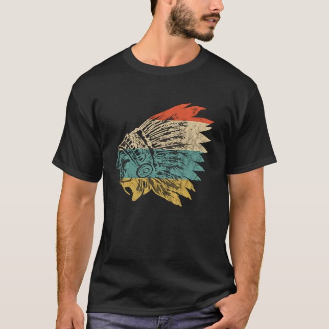 Indian Chief Headgear Native American Feather Head T-Shirt (Front)