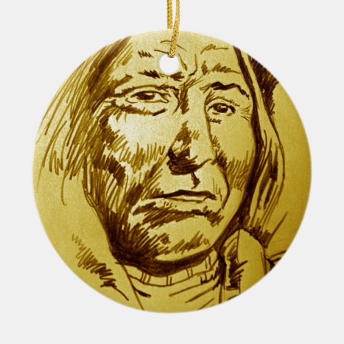 Indian Chief Pencil Sketch Ceramic Ornament