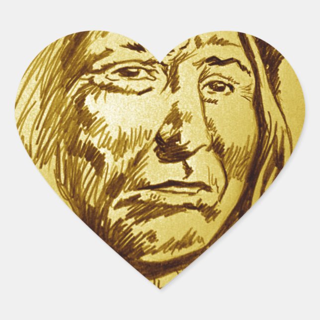 Indian Chief Pencil Sketch Heart Sticker (Front)