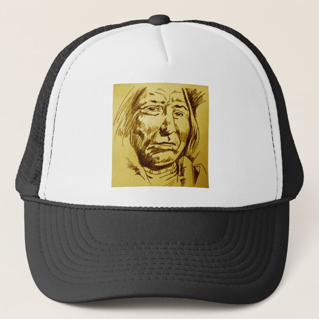 Indian Chief Pencil Sketch Trucker Hat (Front)