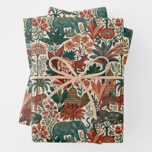 Indian Colonial Garden Elephants Tigers Vintage Wrapping Paper Sheets