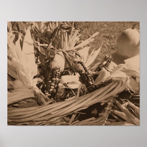 Indian Corn In Wicker Basket In Sepia Autumn Poster