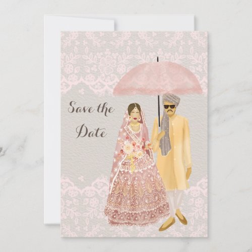 Indian Couple Illustration with pink umbrella Save The Date